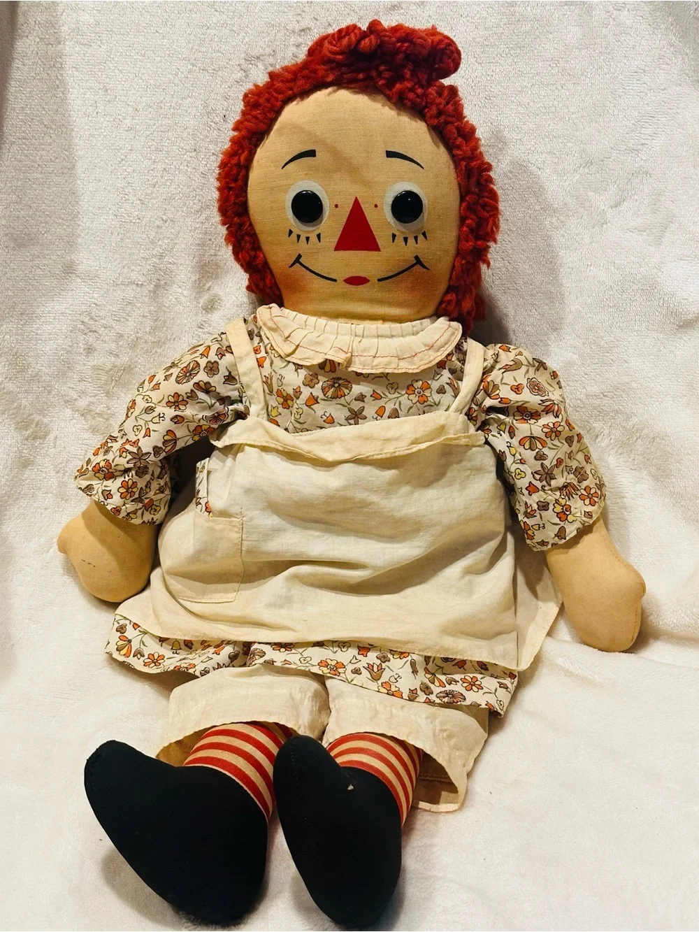 Vtg Annabelle 1960s Knickerbocker RAGGEDY ANN DOLL Floral Dress 21” w/ Apron Toy